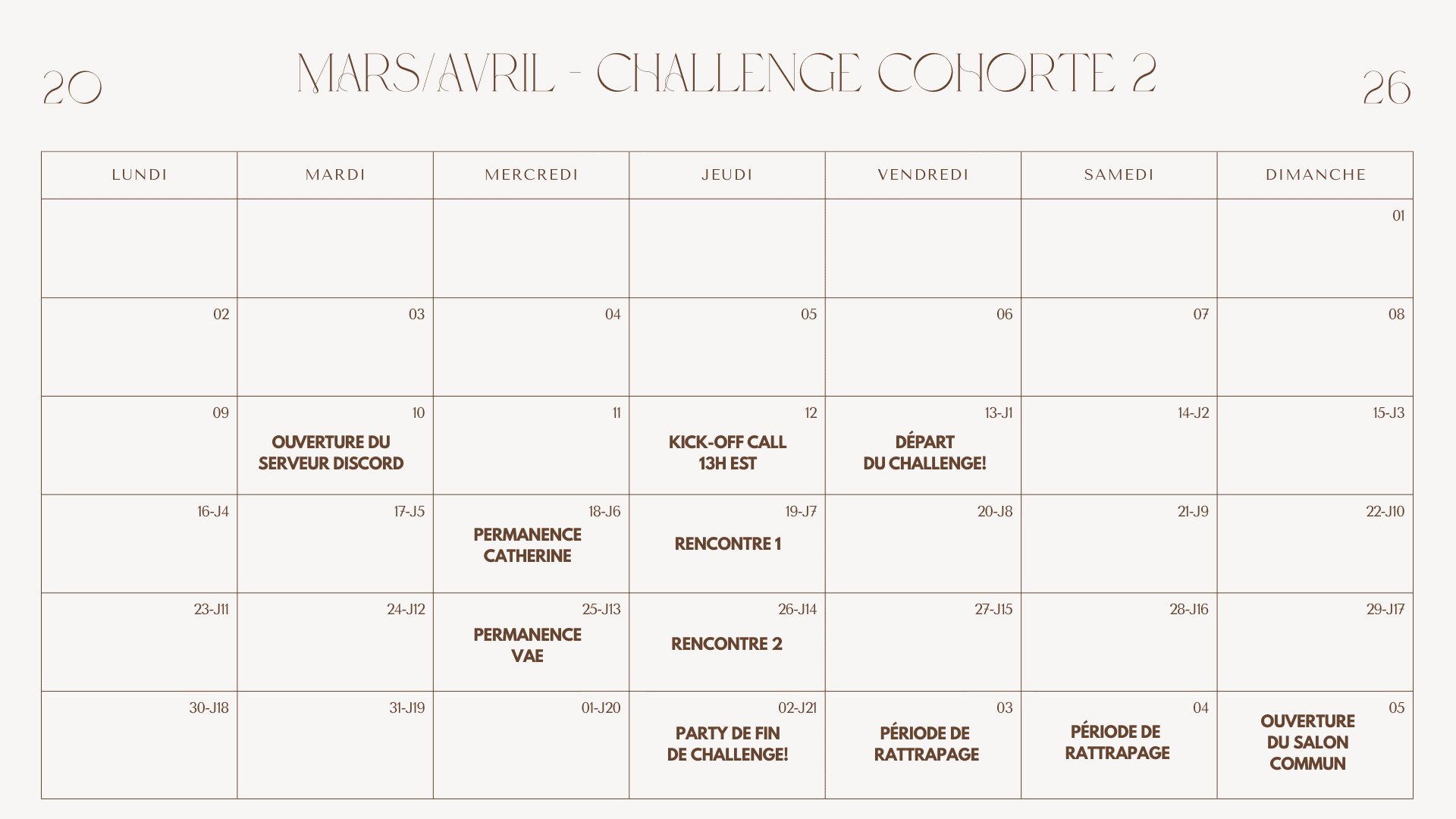 Calendrier du challenge d'écriture