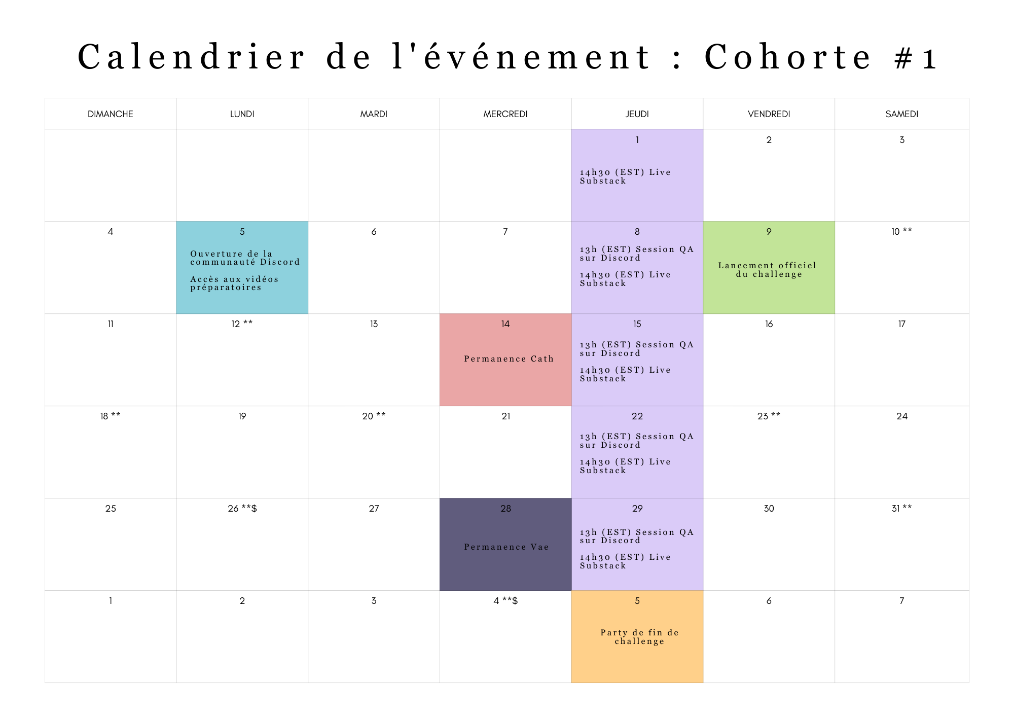 Calendrier du club d'écriture